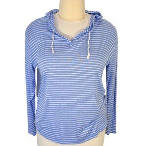 SO Hooded Knit Sweatshirt Women's XL Baby Blue White Stripe Drawstring Beachy
